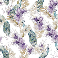 Watercolor pattern with the different purple flowers and wild herbs, peacock bird.