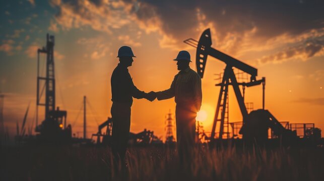 Silhouettes of two engineers holding hands holding a company contract outside in front of a gas station. People wearing helmets working in oil fields