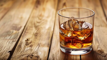Whiskey with ice in it, on a wooden table.