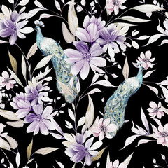 Watercolor pattern with the purple  flowers and wild herbs, peacock bird. - 754165988