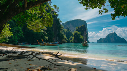 Thailand, phi phi islands, Krabi, Pristine Beachfront with Limestone Cliffs, White sandy beach...