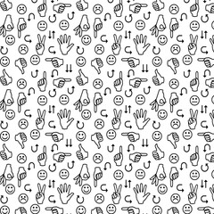 Abstract pattern. Smileys, hands, arrows. Seamless pattern, black outline on a white background. Vector illustration Flyer background design, advertising background, fabric, clothing, texture, textile