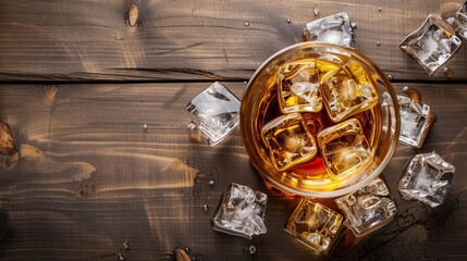 Whiskey with ice on a wooden table, top view.