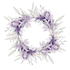 Watercolor wedding wreath with flowers and leaves.