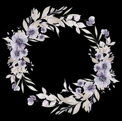 Watercolor wedding wreath with flowers and leaves.