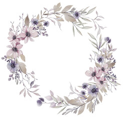 Watercolor wedding wreath with flowers and leaves. - 754167393