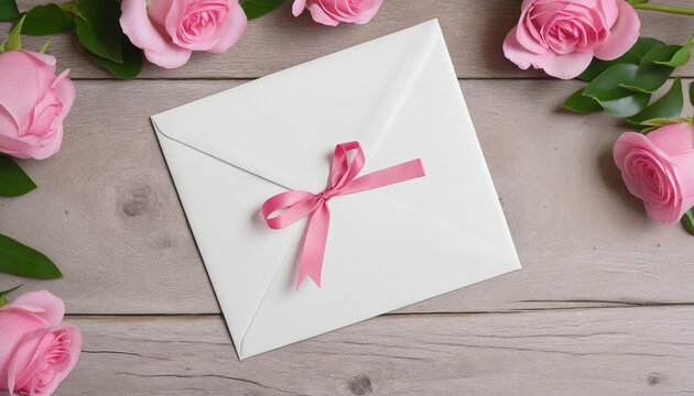 Envelope with a pretty pink ribbon on a table with flowers