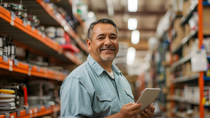  smiling middle-aged salesman  standing hardware warehouse checking supplies on his tablet, generative ai