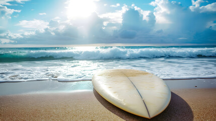 Sunrise Surfing Beach Scene with Surfboard on the Shoreline