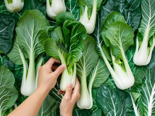 hands holding a vegetable in front of a pile of green leaves - obrazy, fototapety, plakaty