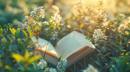 An open book lies within the embrace of a blossoming bush, illuminated by the gentle rays of the setting sun.
