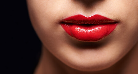 Cosmetics, red lipstick and closeup of woman lips with trendy, beauty and face treatment. Mouth,...