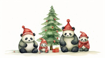 A charming watercolor illustration featuring a festive panda family near a Christmas tree, designed in a Scandinavian red-green boho style. Postcard-style against a white background.