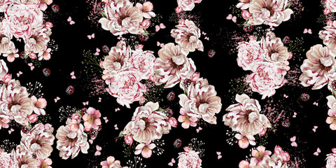 Watercolor tender floral seamless pattern with peony flowers and herbs. - 754167963