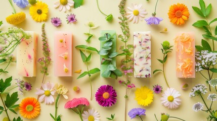 A colorful flatlay of handmade soaps decorated with natural flowers and leaves, arranged on a soft yellow background.