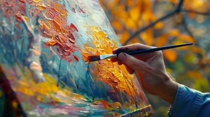 Close-up of an artist's hand painting vibrant autumn hues on a canvas, set against a backdrop of nature's fall colors.