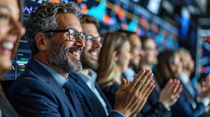 Obraz premium A happy investment banking team applauds, celebrates and congratulates each other on a profitable trading day