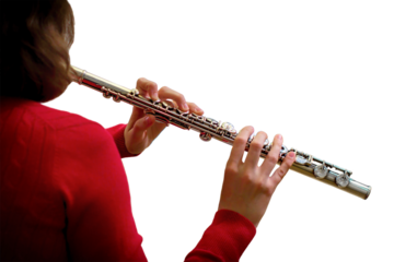 The woman is holding a large concert flute (in hands close-up), isolated on a white background. Professional musician at the rehearsal