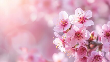Fototapeta na wymiar Soft spring light filters through delicate cherry blossoms, highlighting their gentle pink petals and creating an atmosphere of serene beauty.