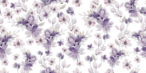 Watercolor pattern with the different purple  flowers and wild herbs. - 754168140