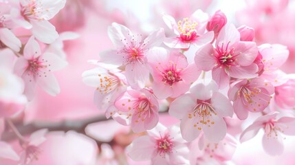Fototapeta na wymiar Clusters of ethereal cherry blossoms radiate in full bloom, their delicate pink petals offering a mesmerizing display of spring's beauty.