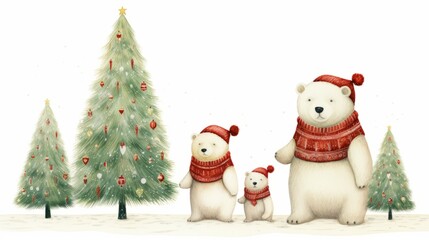 A charming watercolor illustration featuring a festive polar bear family near a Christmas tree, designed in a Scandinavian red-green boho style. Postcard-style against a white background.