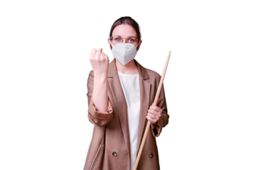 Woman teacher in medical face mask shakes her fist on studio isolated on a white background, copy space