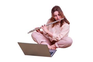 Cute woman flutist plays a musical instrument, isolated on a white background. Online learning, music lessons via laptop