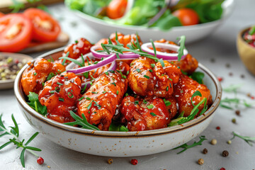 Buffalo wings served atop a bed of fresh green salad