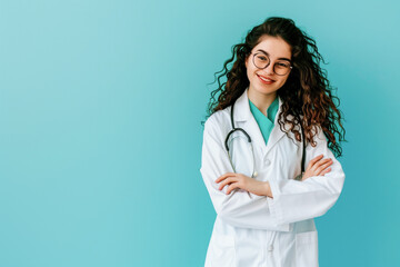 Curly-haired female doctor with arms crossed on a teal backgroun
