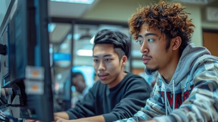Two male university students in technology lab working on technology project, computer program design, computer engineering course. - obrazy, fototapety, plakaty