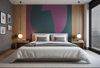 Illustration of modern minimalistic bedroom with colourful decoration on the wall