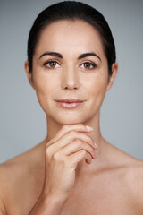 Woman, studio and portrait with thinking, skin and care for treatment and proud. Model, cosmetics...