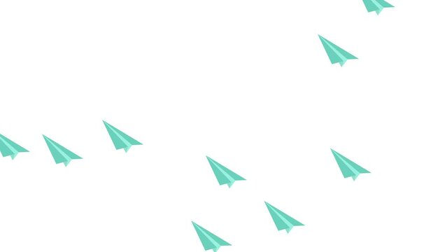 Animated white icon of paper airplane flying from center. Flat symbol. Concept of airplane travel