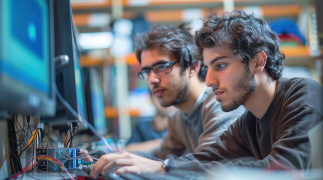 Two male university students in technology lab working on technology project, computer program design, computer engineering course.