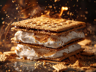 Delicious s'more photography, explosion flavors, studio lighting, studio background, well-lit, vibrant colors, sharp-focus, high-quality, artistic, unique, award-winning photograph