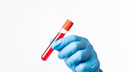 Analysis of donor blood in glass tube in doctor's hand on white background close-up.