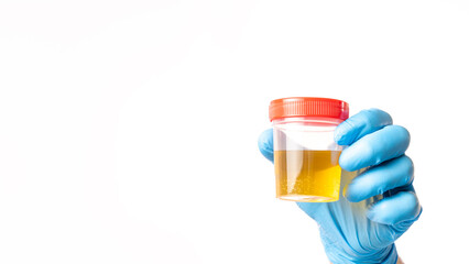 A person is holding a yellow liquid in a plastic container. The container is orange and has a red lid. The person is wearing blue gloves.