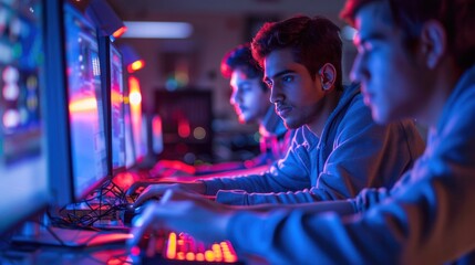 Two male university students in technology lab working on technology project, computer program design, computer engineering course.