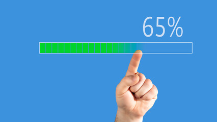 Virtual Screen Loading Process. 65 Percent Upload Complete, Hand on Virtual Screen Loading
