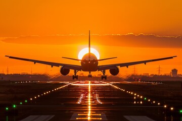 Airplane landing at sunset with the sun directly behind it.