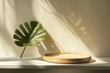 Minimalistic display with a plant leaf and circular platform.