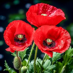  Macro shot of red poppies, a symbol of remembrance and sacrifice, highlighting their vivid colour against a backdrop of greenery
