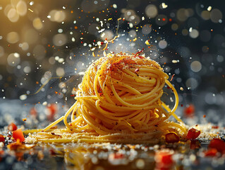 Delicious spaghetti photography, explosion flavors, studio lighting, studio background, well-lit, vibrant colors, sharp-focus, high-quality, artistic, unique