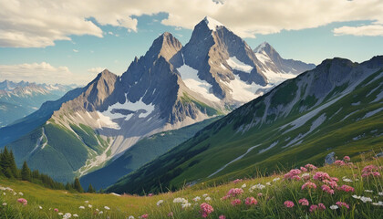 rugged mountain peaks covered in wildflowers with vintage feel isolated on a transparent background for design layouts