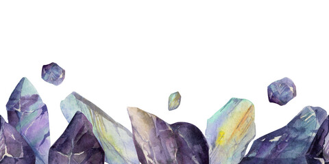 Hand drawn watercolor illustration precious jewel gem crystal chakra birth stone. Amethyst aquamarine moonstone. Seamless border isolated on white background. Design print, shop, jewelry, fashion