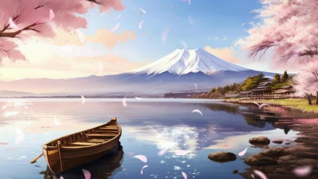 Natural views of lake and Mount Fuji. There are cherry blossom trees and wooden boats. Cartoon style. Seamless looping 4K animation