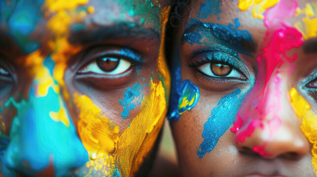 Creative portrait of man and woman with colorful paint brush strokes on their faces adorned with vibrant yellow and blue paint, and with expressive eyes. Ai generated