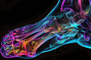 Illustration of MRI scan of the human foot from a sagittal perspective, focusing on the internal structures such as the Achilles tendon, heel pad, and the relationship between the tarsal bone. - obrazy, fototapety, plakaty