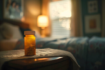 A pill bottle of antidepressants standing at the edge of a bedside table, with a blurred photograph of loved ones in the background. - obrazy, fototapety, plakaty